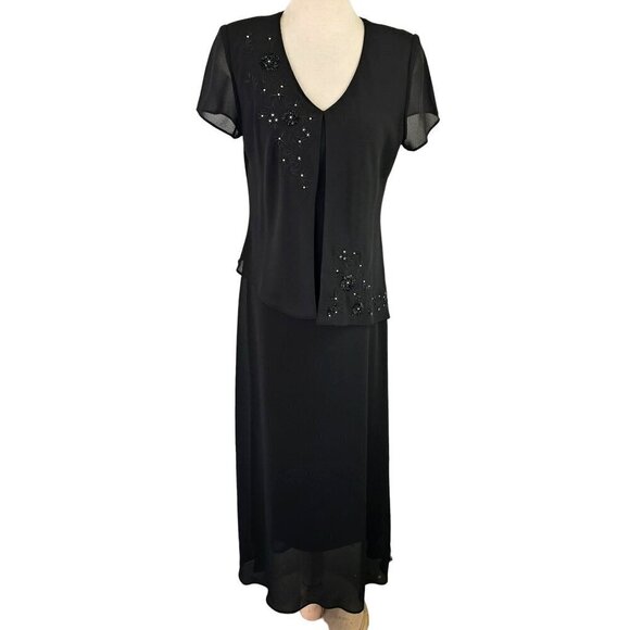 Positive Attitude 40s Style Black Maxi Dress Sz 12 Faux 2 Piece Beaded Short Slv - Picture 1 of 9